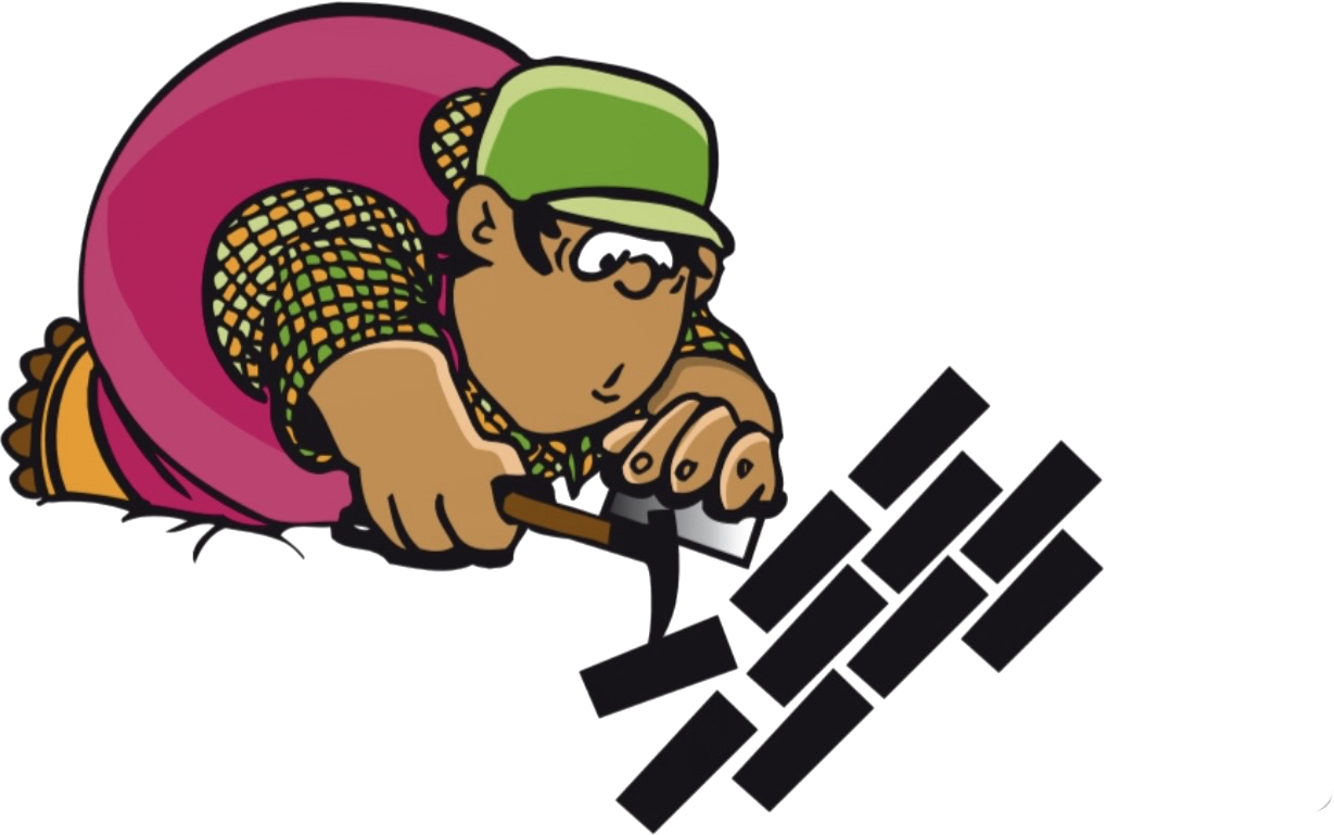 Het logo van Yaman Bestrating: een stratenmaker met troffel naast een stapel klinkers